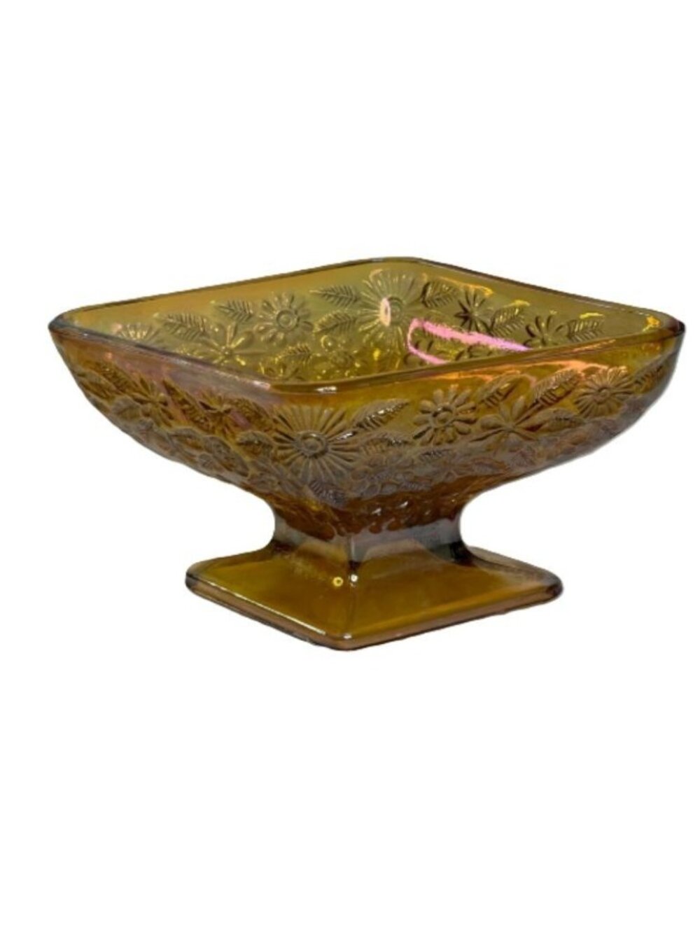 Marigold Carnival Glass Dish Indiana Glass Pineapple Pedestal Footed Diamond